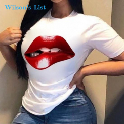 Red Lips Print T-Shirt Summer Short Sleeve O- Neck Tee Cute Graphic Red Kiss Lips Top Blouse