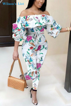 White Sexy Print Silk Long Sleeve one word collar Jumpsuits