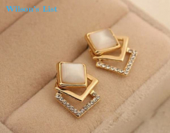 Vintage Korean Gold & Rhinestone Geometric Opal Stud Earrings
